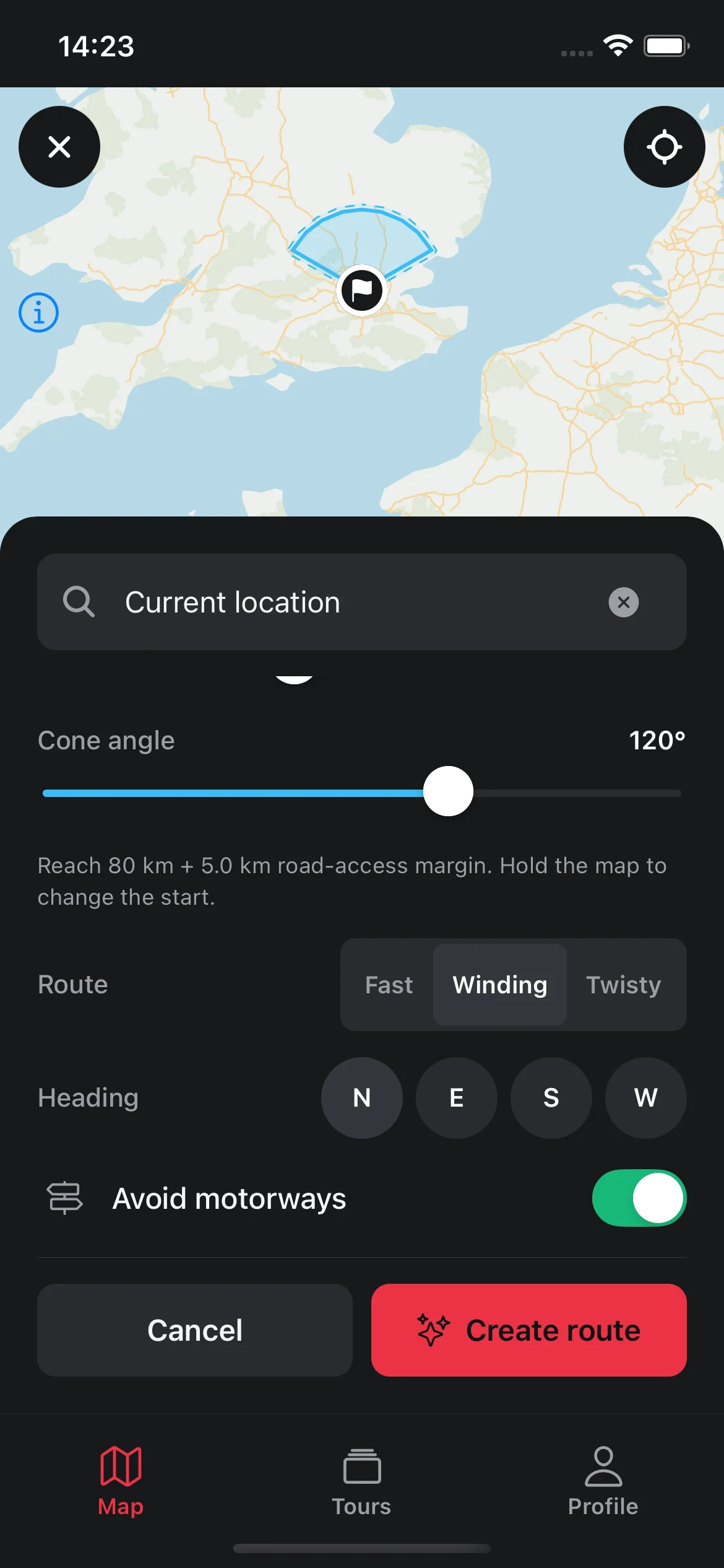 Bendbound round-trip controls for route preference, heading and motorway avoidance